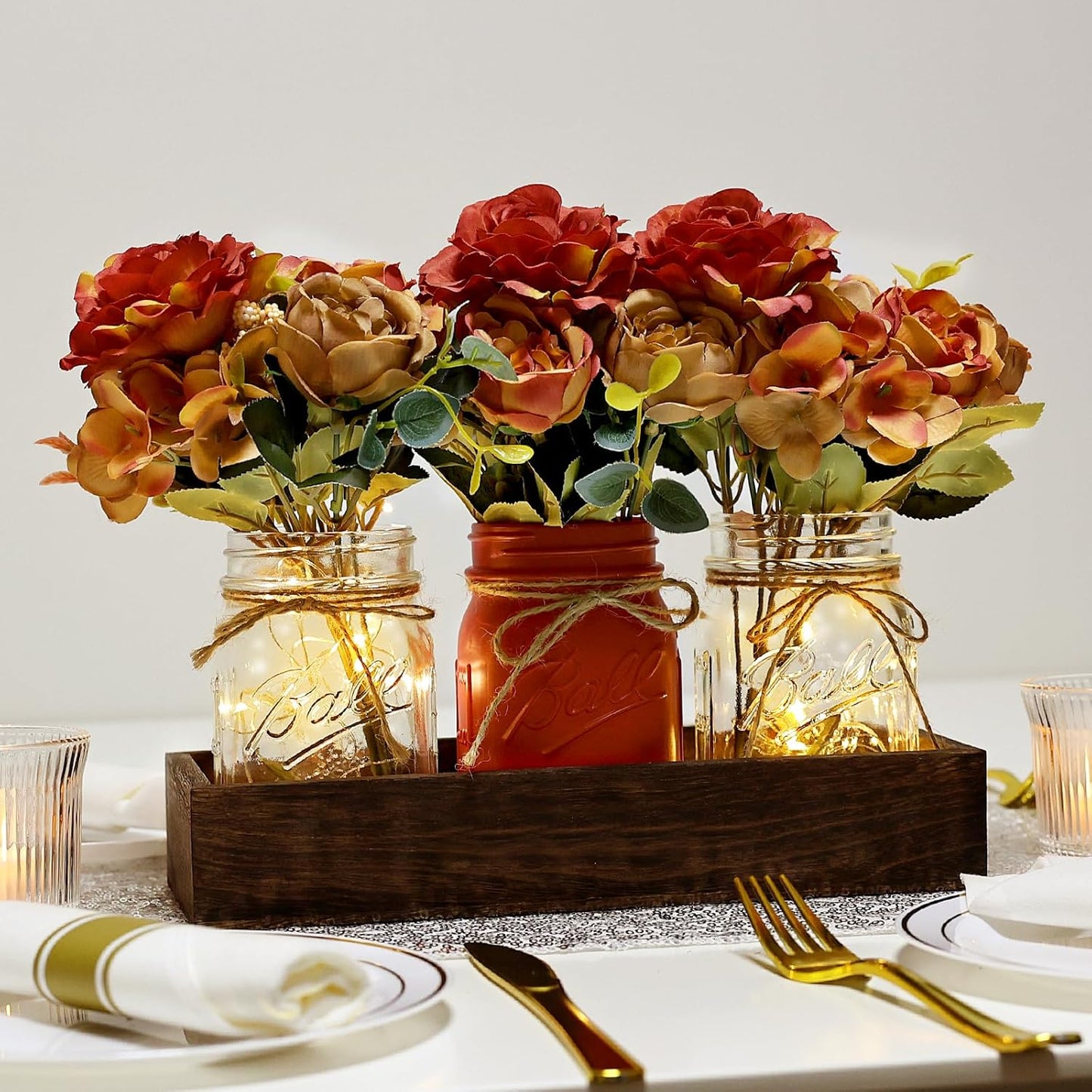 Fall Mason Jar Lights Centerpieces, Thanksgiving Centerpiece for Table, Coffee Table Decorative Jars with Wood Tray Fairy Lights Fake Peony Flowers for Dining Room Kitchen Living Decor - Orange