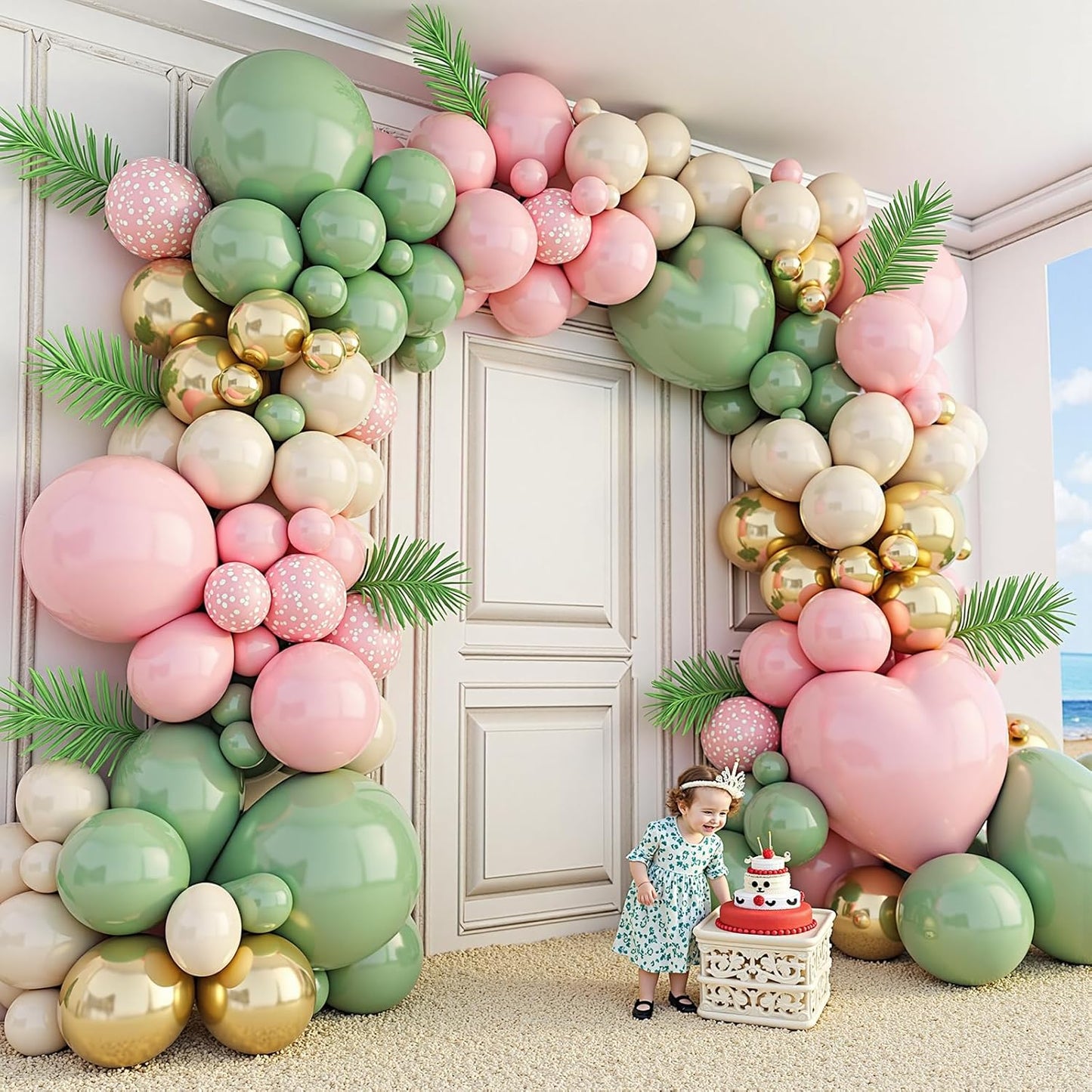 412Pcs Pink and Green Balloon Garland Arch Kit -Different Sizes 18 12 10 5inch Sage Green and Pink White Sand Gold Different Size Balloons for Girl Birthday Jungle Safari Woodland Party Decorations