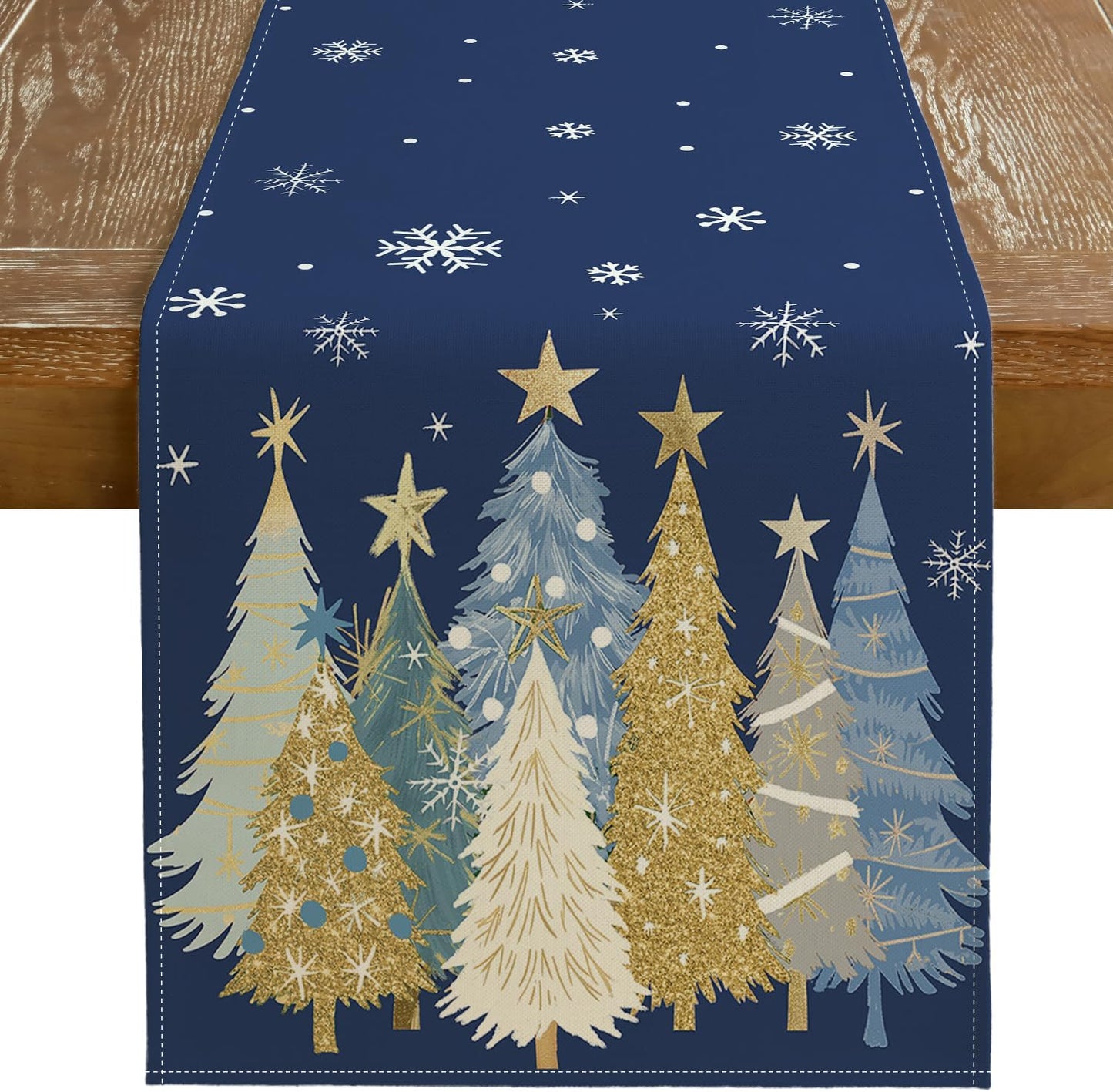 GEEORY Christmas Table Runner 13x48 Inch, Xmas Trees Snowflakes Holiday Decorative Farmhouse Table Decoration for Kitchen Dinning, Indoor Outdoor Dinner Party Decor (Blue) GT151-48