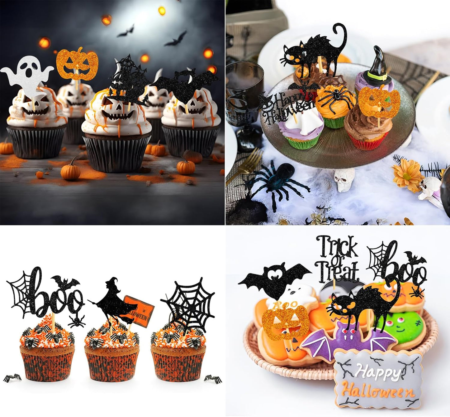60Pcs Halloween Cupcake Toppers, Bat Pumpkin Ghost Cupcake Decorations for Halloween Party Supplies, Black Multi Style1