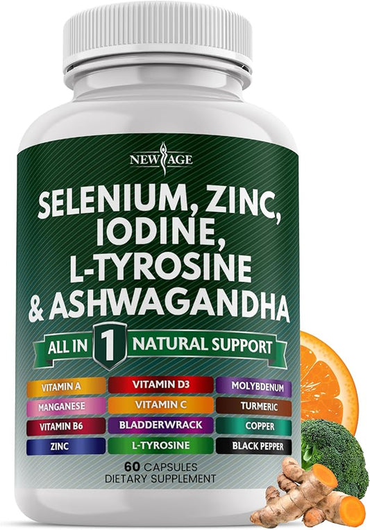 Selenium, Zinc, Iodine, L Tyrosine, Ashwagandha - Thyroid Support Supplement for Women and Men with Bladderwrack, Turmeric, Silica Kelp, Schisandra - 60 Count