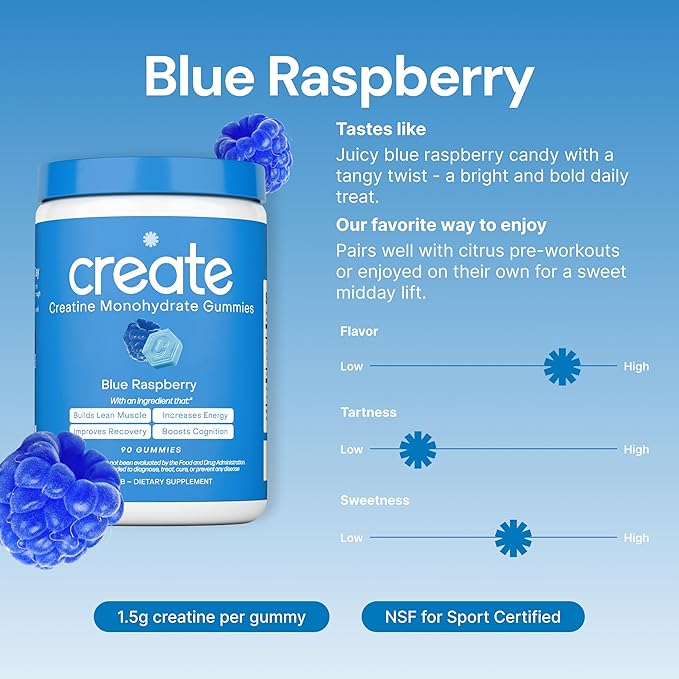 Create Creatine Monohydrate Gummies for Men & Women, Boost Focus, Strength, and Endurance, Anti-Melting Formula, Vegan, Gluten-Free, Non-GMO, 1.5g of Creatine per Gummy (Blue Raspberry, 90 ct)