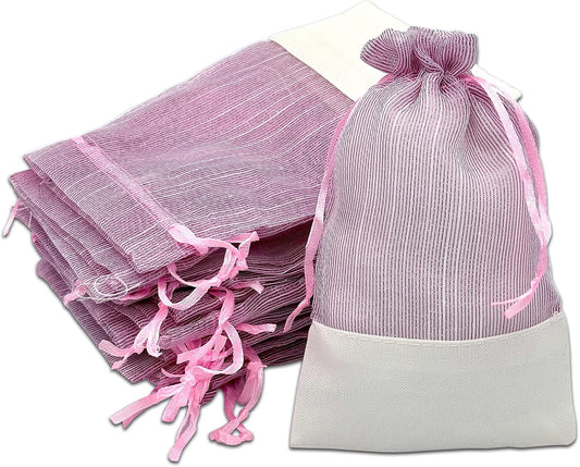 TheDisplayGuys For Your Modern Living 24-Pack Linen & Pink Organza Gift Bags with Drawstrings (Small 4 x 6) - Party Favors, Samples, Treats Mesh Pouches