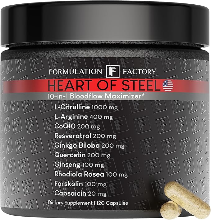Heart of Steel: 10-in-1 Metabolic Maximizer Nitric Oxide Supplement, Blood Pressure Support, L Arginine, L Citrulline Natural Pre-Workout: Energy Management 120 Count