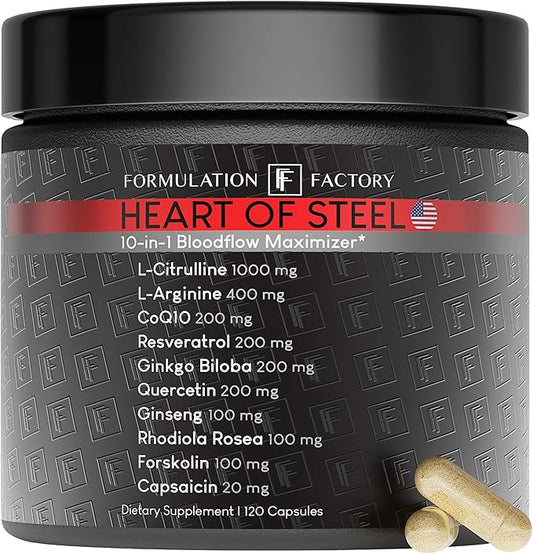 Heart of Steel: 10-in-1 Metabolic Maximizer Nitric Oxide Supplement, Blood Pressure Support, L Arginine, L Citrulline Natural Pre-Workout: Energy Management 120 Count