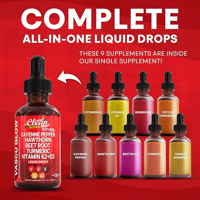 Clean Nutra Cayenne Pepper Drops Supplement Liquid + Hawthorn Berry, Vitamin D3 K2 Beet Root Powder, Ceylon Cinnamon, Turmeric Curcumin, Organic Panax Ginseng, Berberine Extract 1 Pack