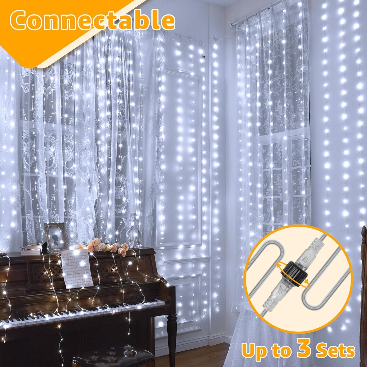 Ollny Curtain Lights 300LED 9.8ftx9.8ft, Connectable IP67 Waterproof Outdoor Curtain String Lights with Remote, Plug-in Untangle Fairy Lights with 8 Modes 3 Timers for Wall Backdrop Decor(Cool White)