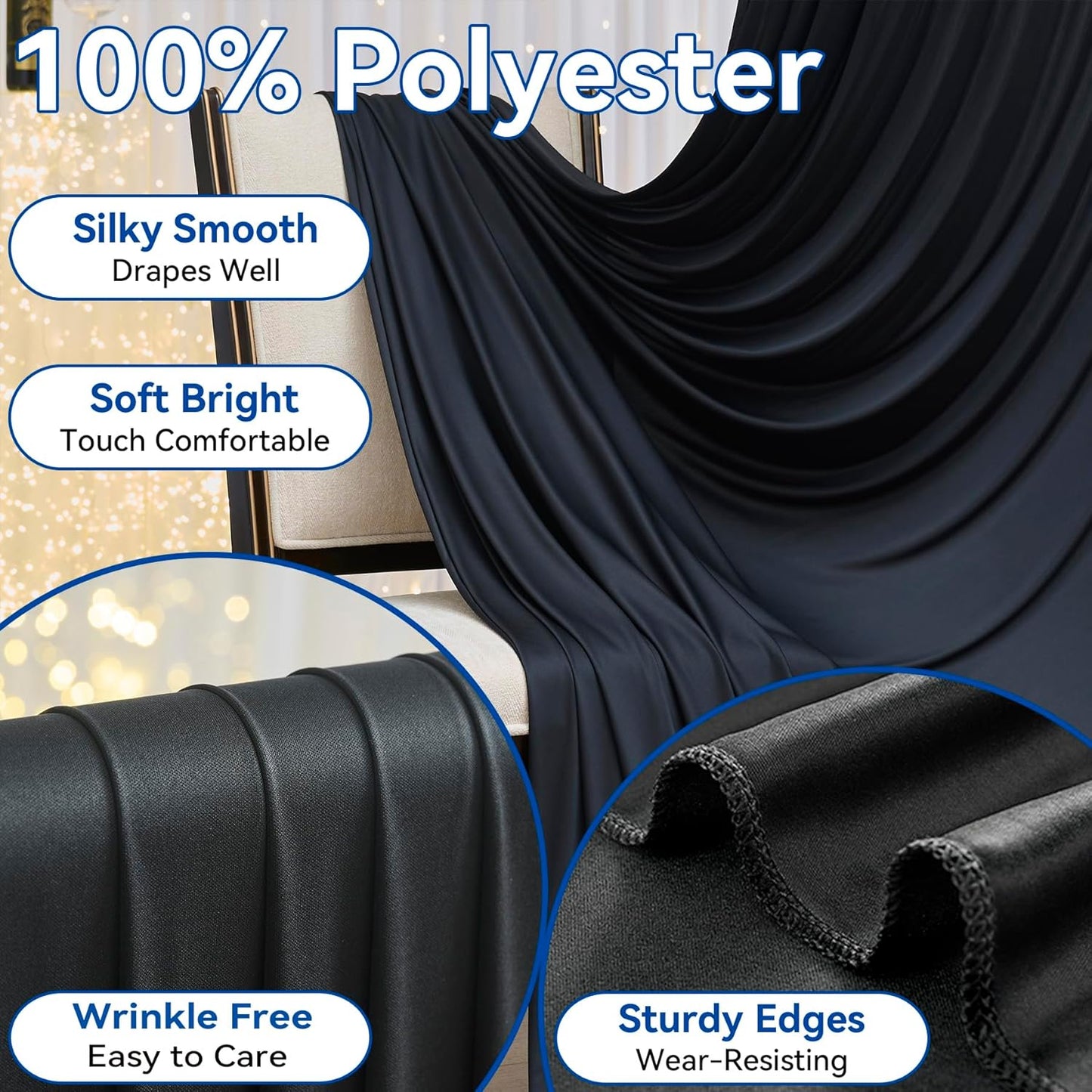 40x12ft Wrinkle Free Black Backdrop Curtain for Wedding Parties, 8 Panels 5×12 ft Long Soft Silky Polyester Fabric Backdrop Drapes Black Photo Back Drop Curtains for Party Photography Background Cloth