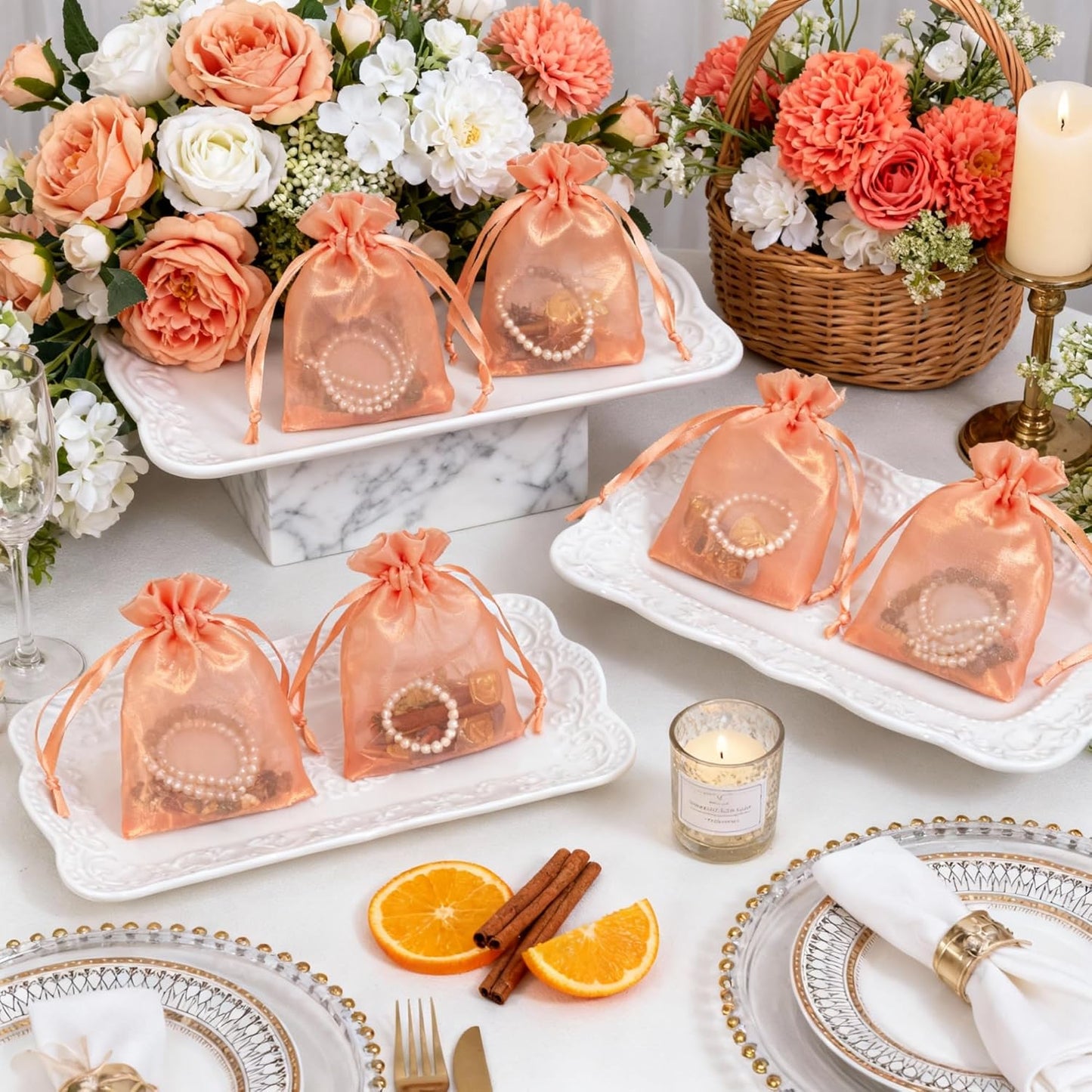 QIANF 20 Pcs Orange Small Organza Bags 4X6 inch for Wedding Favors with Drawstring, Mini Mesh Gift Bags Jewelry Pouch for Candy Bridal Shower Party Favor Baby Shower Christmas