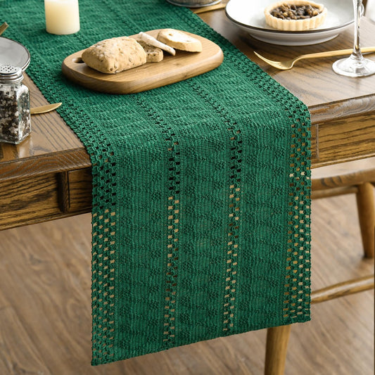 Artoid Mode Dark Green Farmhouse Woven Rustic Hollow Table Runner, Seasonal Holiday Hollow Kitchen Dining Table Decoration for Home Party Decor 12x60 Inch