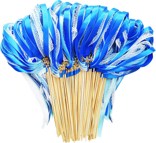 100 Pack Blue Lace Wedding Ribbon Wands Streamers with Bells Silk Fairy Wands Sticks Wedding Exit Ribbon for Party Activities Bridal Shower Send Off Holiday Celebration