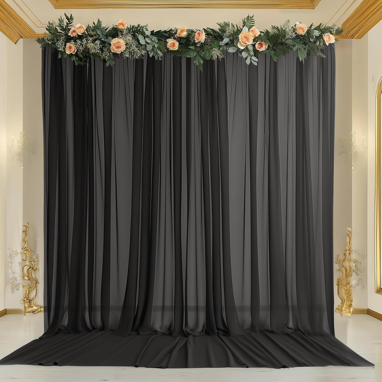 10ft x 10ft Black Backdrop Curtains, Wrinkle-Free Sheer Chiffon Fabric Photo Background Drapes for Wedding Arch Party Ceremony Stage Photography Decorations