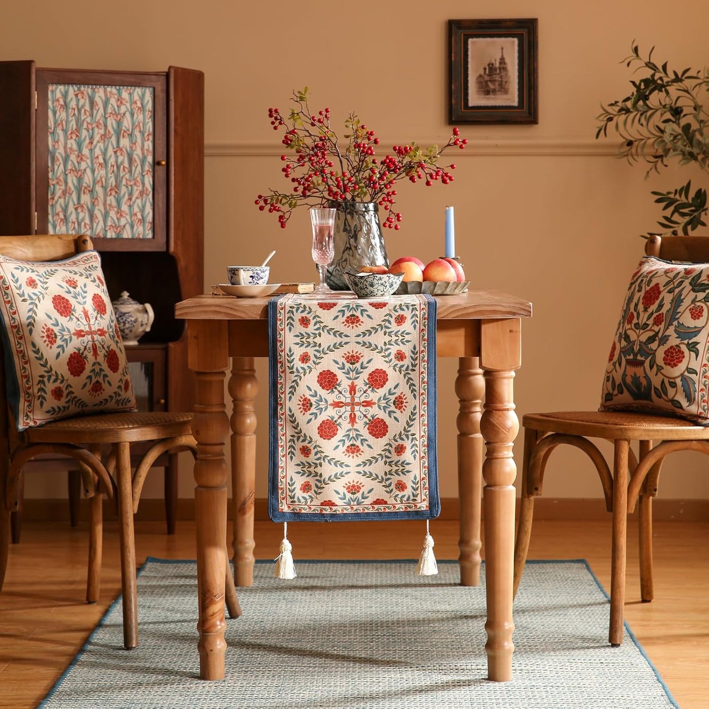 patdrea Designer Vintage Bright Farmhouse Linen Table Runner 102 Inch Long, Maroon Floral Pattern Table Mat, Decoration for Kitchen Dining Table Coffee Table Cabinet Banquet Christmas ,12"*102"