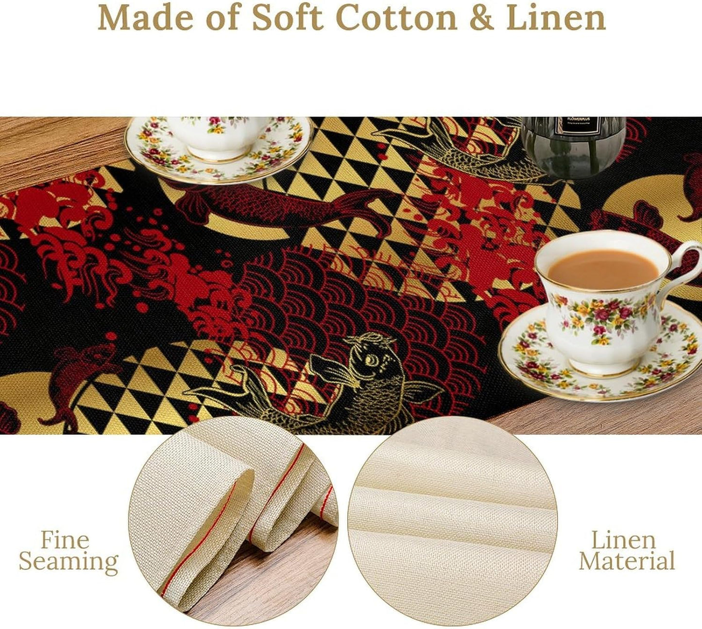 Japanese Table Runner Oriental Tradition Kio Fish Red Art Printed Burlap Runner Home Kitchen Dining Table Living Room Decor Fabric 1 Panel W13xL120in