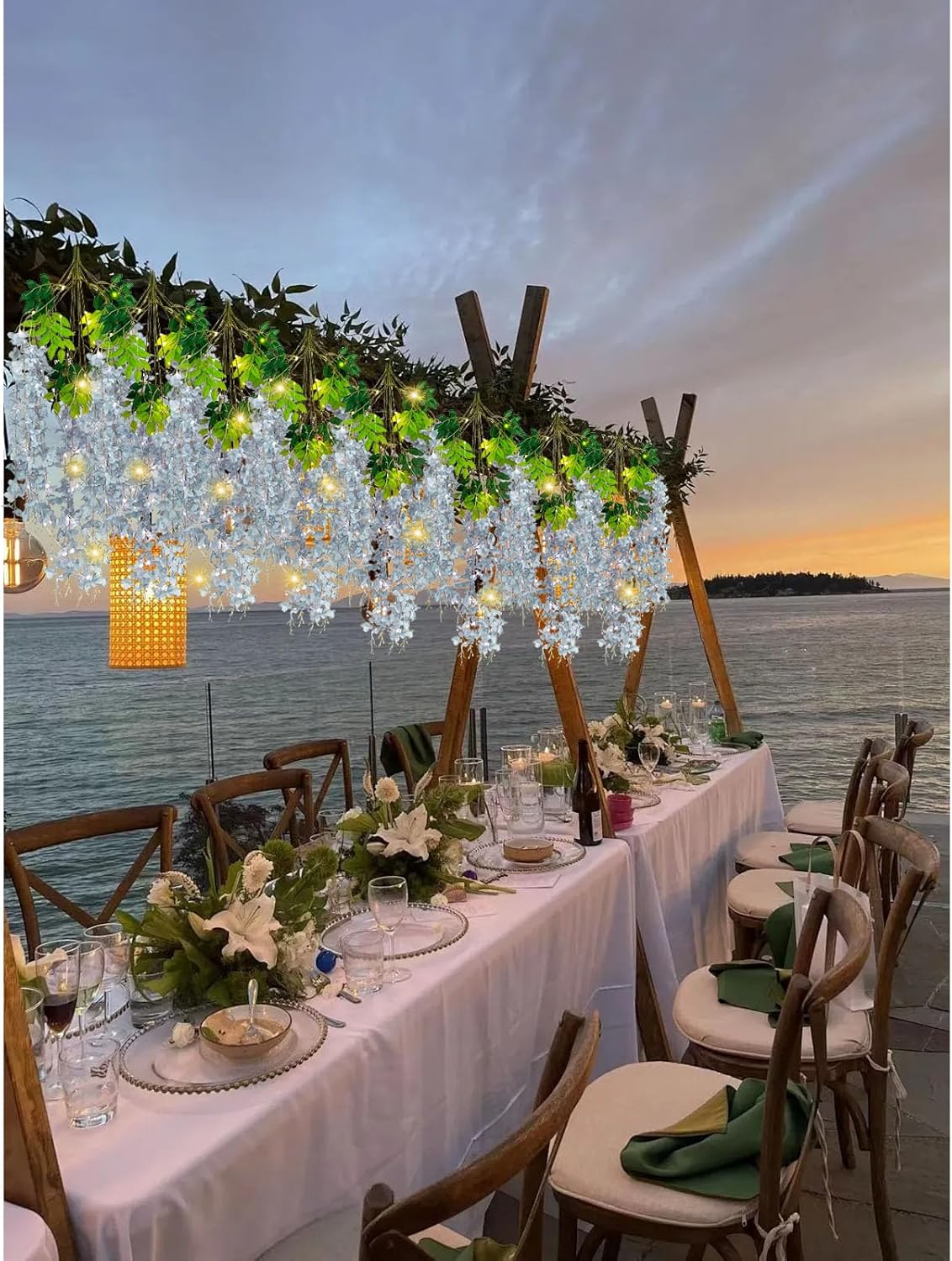 12 Pack Grey Wisteria Hanging Flowers Garland with Lights, 3.44 Feet Artificial Flower Vines, Fake Wisteria, Artificial Vines Hanging Garland for Backdrop Outdoor Patio Garden Decor