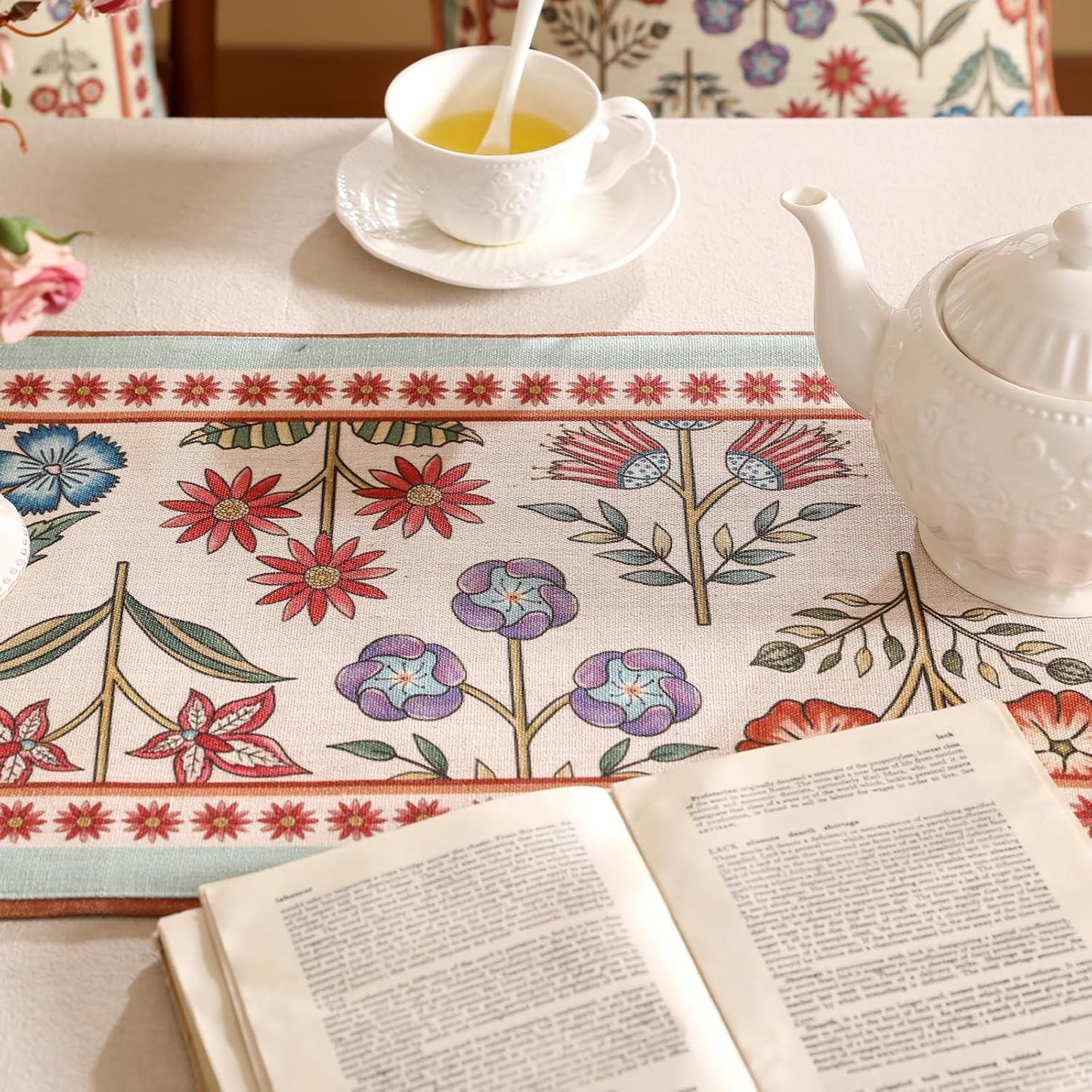 Decorative Linen Table Runner 87 Inches Long,Green Floral Rustic Farmhouse Runner for Table Decor Tabletop Table Runners for Kitchen,Dining,Party,Home,Christmas,12"*87"