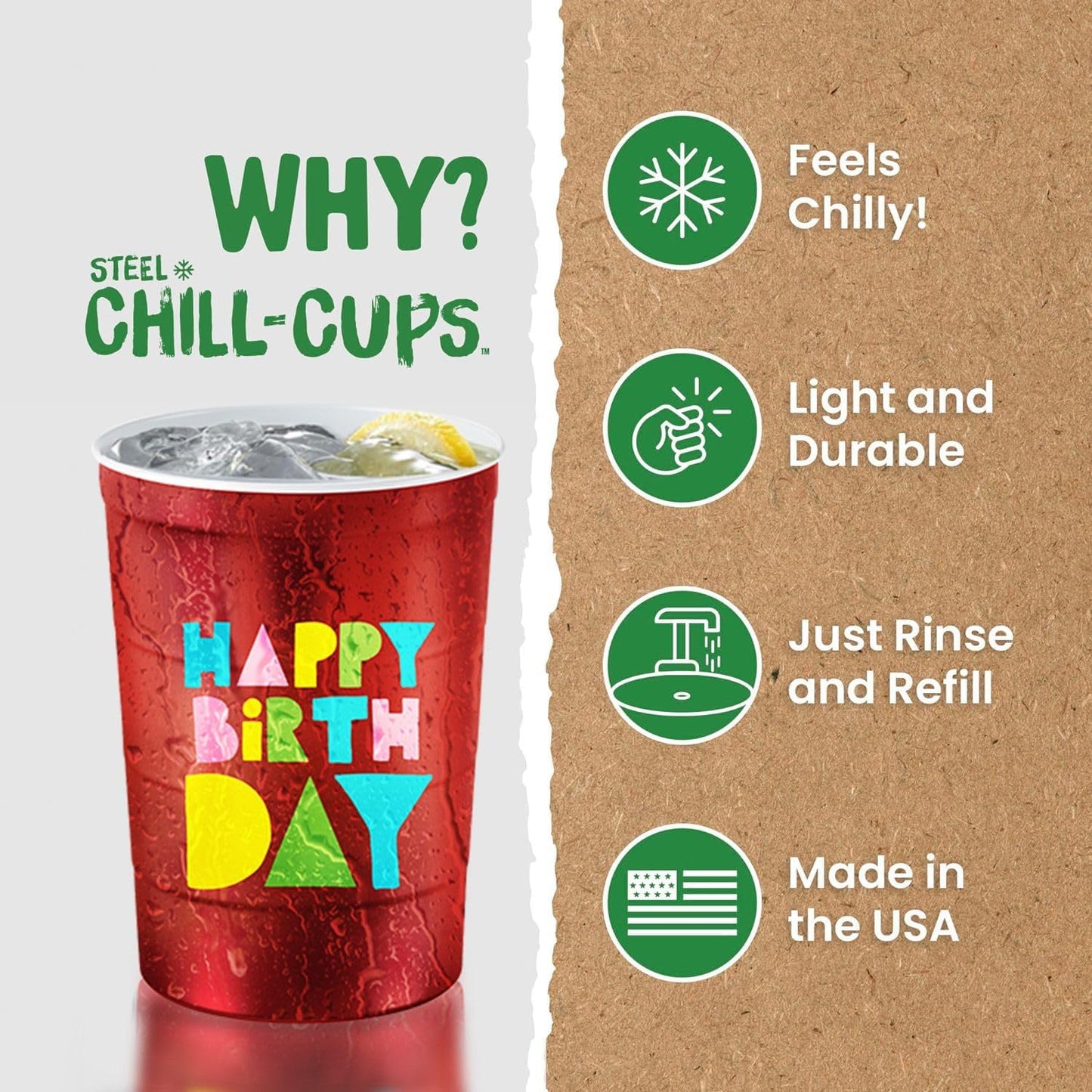 16 oz. Party Cups 'Happy Birthday' Balloon Design for Cold Drinks, Durable, Disposable, Recyclable, Made in USA, Red, 12 Count