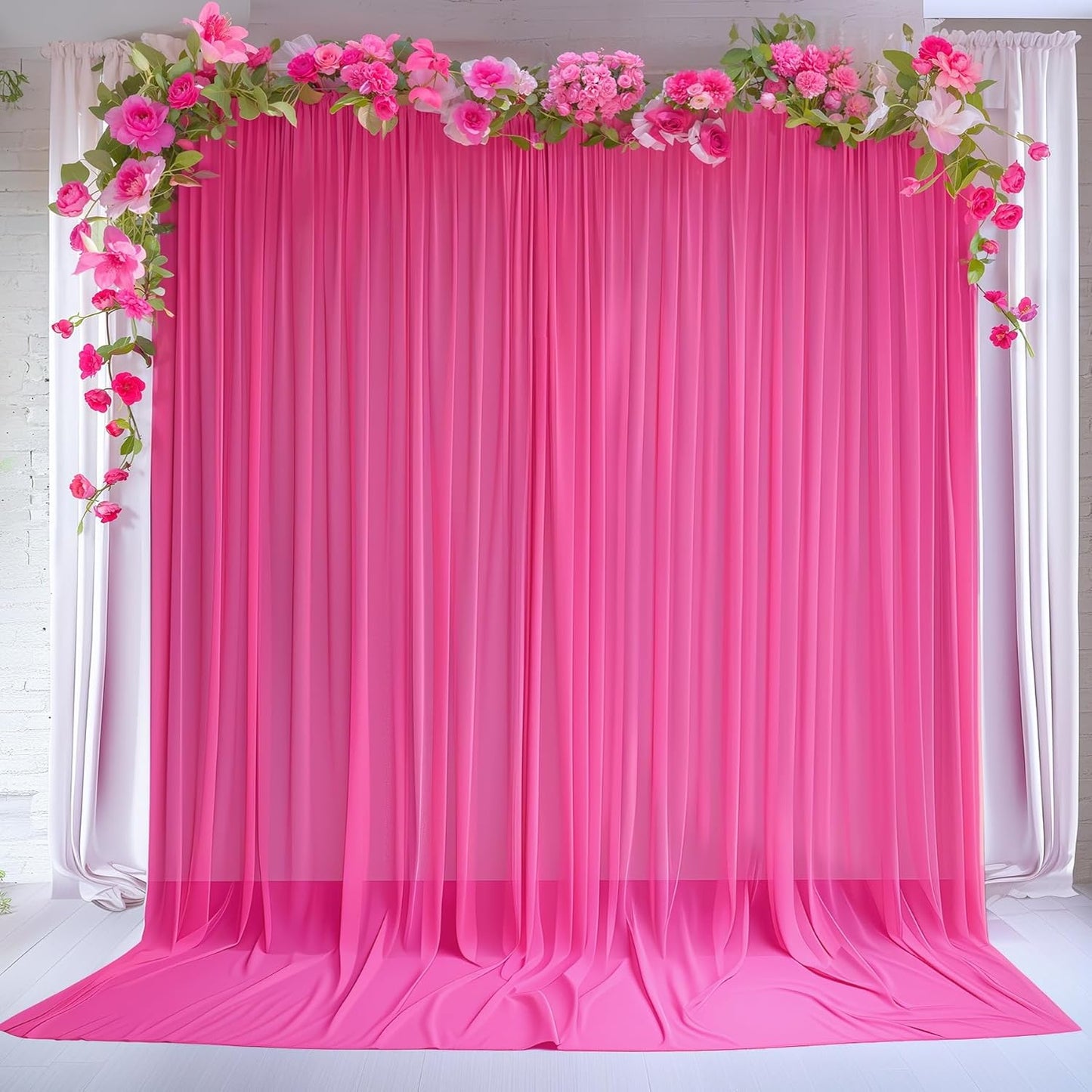 10ft x 10ft Hot Pink Backdrop Curtains, Wrinkle-Free Sheer Chiffon Fabric Photo Backdrop Drapes for Wedding Arch Party Ceremony Stage Photography Decorations