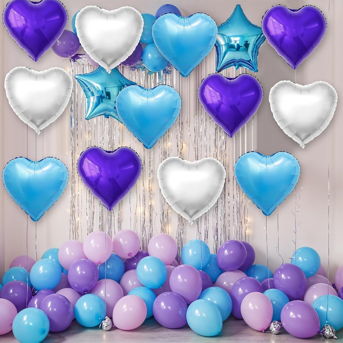 Blue Purple Silver Heart Balloons,12Pcs 18Inch Blue Silver Purple Heart Shaped Foil Helium Polyester Film Balloons for Baby Shower Birthday Anniversary Wedding Engagement Party Decorations