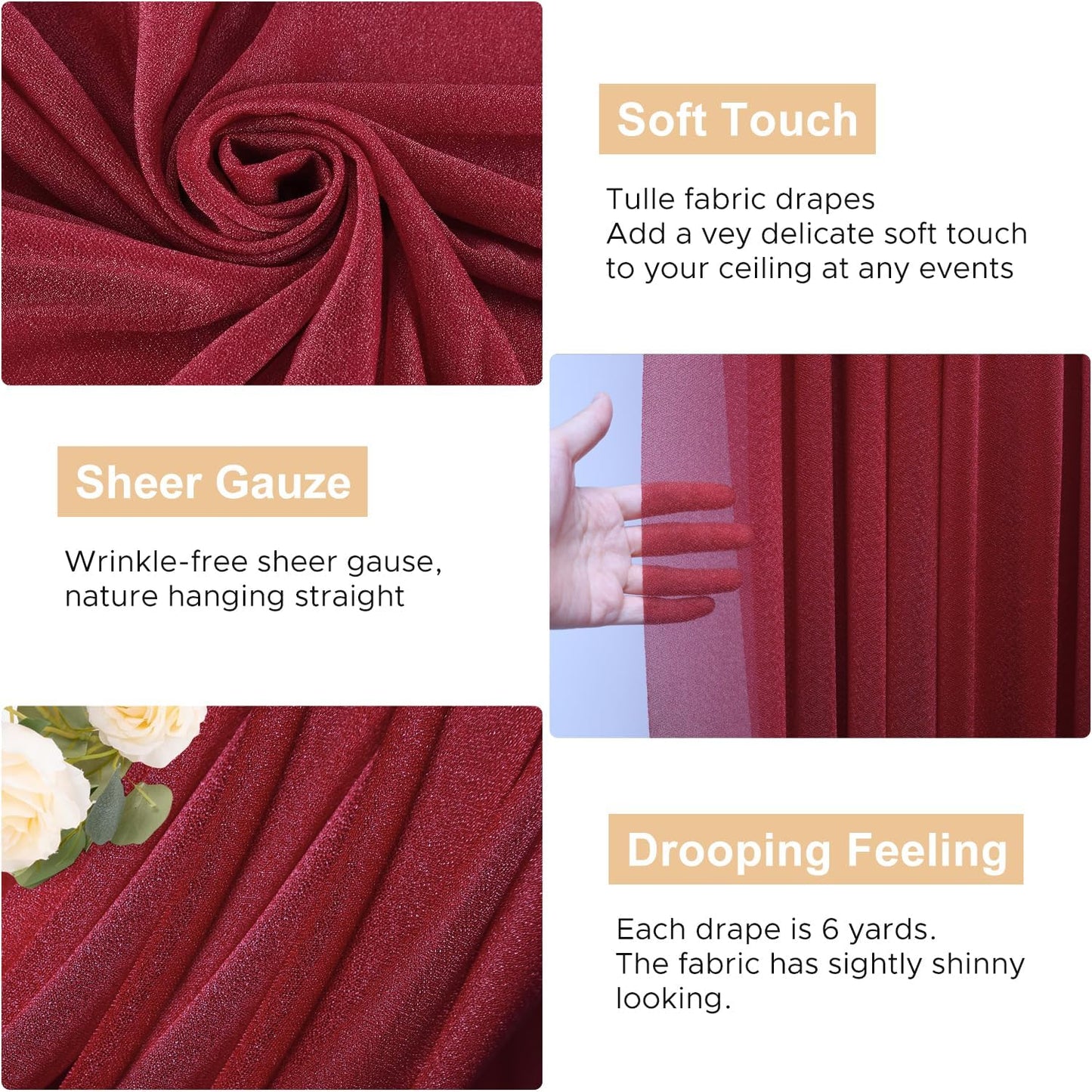 Wokceer Wedding Arch Draping Fabric - 28.7" x 20FT Burgundy Sheer Drapes Backdrop for Wedding Ceremony, Birthday Party, Bridal Shower Decoration