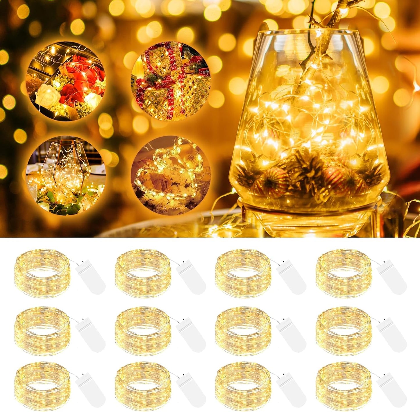btfarm 12 Pack LED Fairy Lights Battery Operated, 7ft 20LED Mini String Lights Waterproof, Silver Wire Firefly Starry Lights Bulk for Mason Jars Crafts Table Centerpieces Party Christmas, Warm White