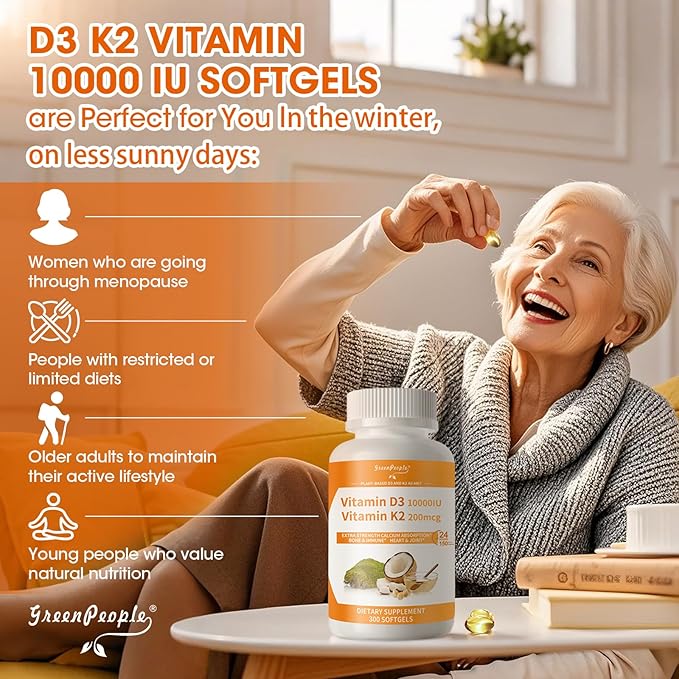 K2 D3 Vitamin Supplement, Vitamin D-3 & K-2 MK-7, 10,000 IU/200 mcg, with Virgin Non-GMO Coconut MCT Oil | 300 Vegan Softgels | Bone Health, Immune Support