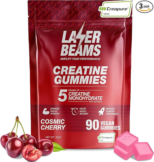 Creatine Monohydrate Gummies for Women & Men - 5g Creapure Creatine per Serving - Vegan, Cosmic Cherry Flavor - Boost Muscle Strength, Endurance, Recovery & Mental Focus (90 Gummies)