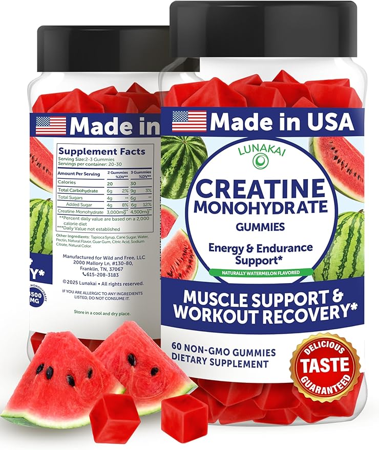 Lunakai USA Made Creatine Monohydrate Gummies for Women & Men – Vegan Creatine Gummies for Muscle & Recovery Support – Pre Workout Supplement, 60ct