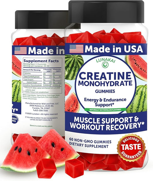 Lunakai USA Made Creatine Monohydrate Gummies for Women & Men – Vegan Creatine Gummies for Muscle & Recovery Support – Pre Workout Supplement, 60ct