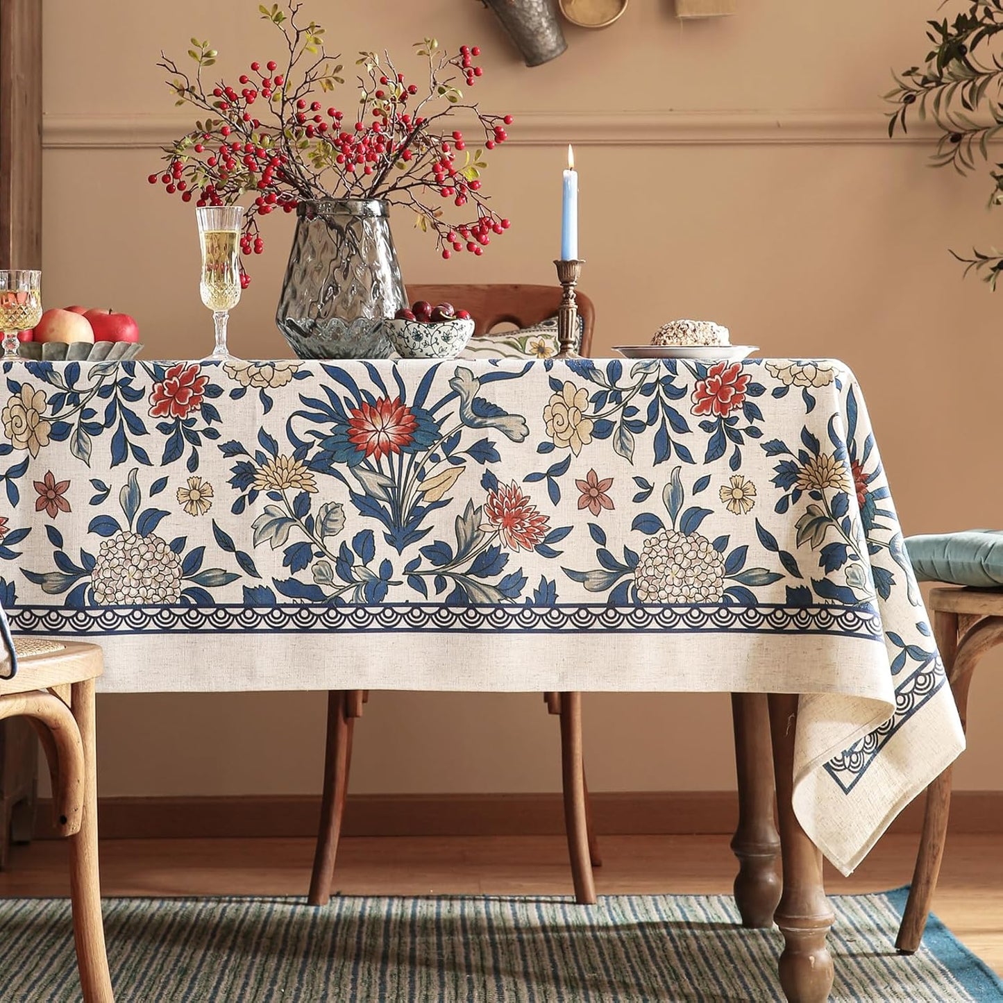 patdrea Designer Blue Tablecloth for Rectangle Table,Vintage Linen Leaves and Floral Pattern Extra Long Tablecloths,Floral Decor Cover for Kitchen Dining Christmas,Thanksgiving,67"x118"-Ivar a