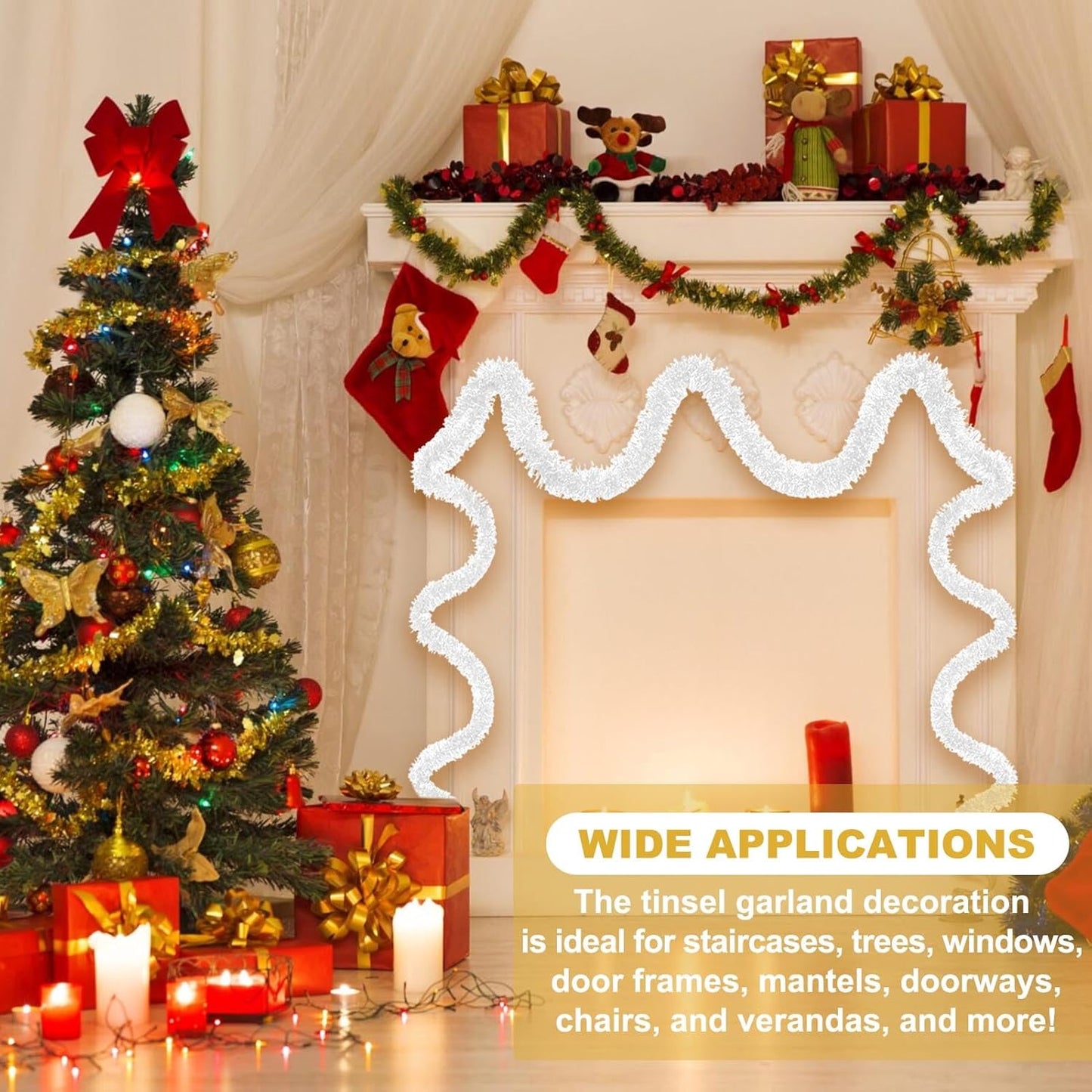 25 Feet Macaron White Christmas Tinsel Garland, Metallic Foil Twist Banner Wall Hanging Tinsel Streamers Backdrop for Parade Floats, Christmas, Mother's Day, Birthday Party Decorations(4in x 25ft)