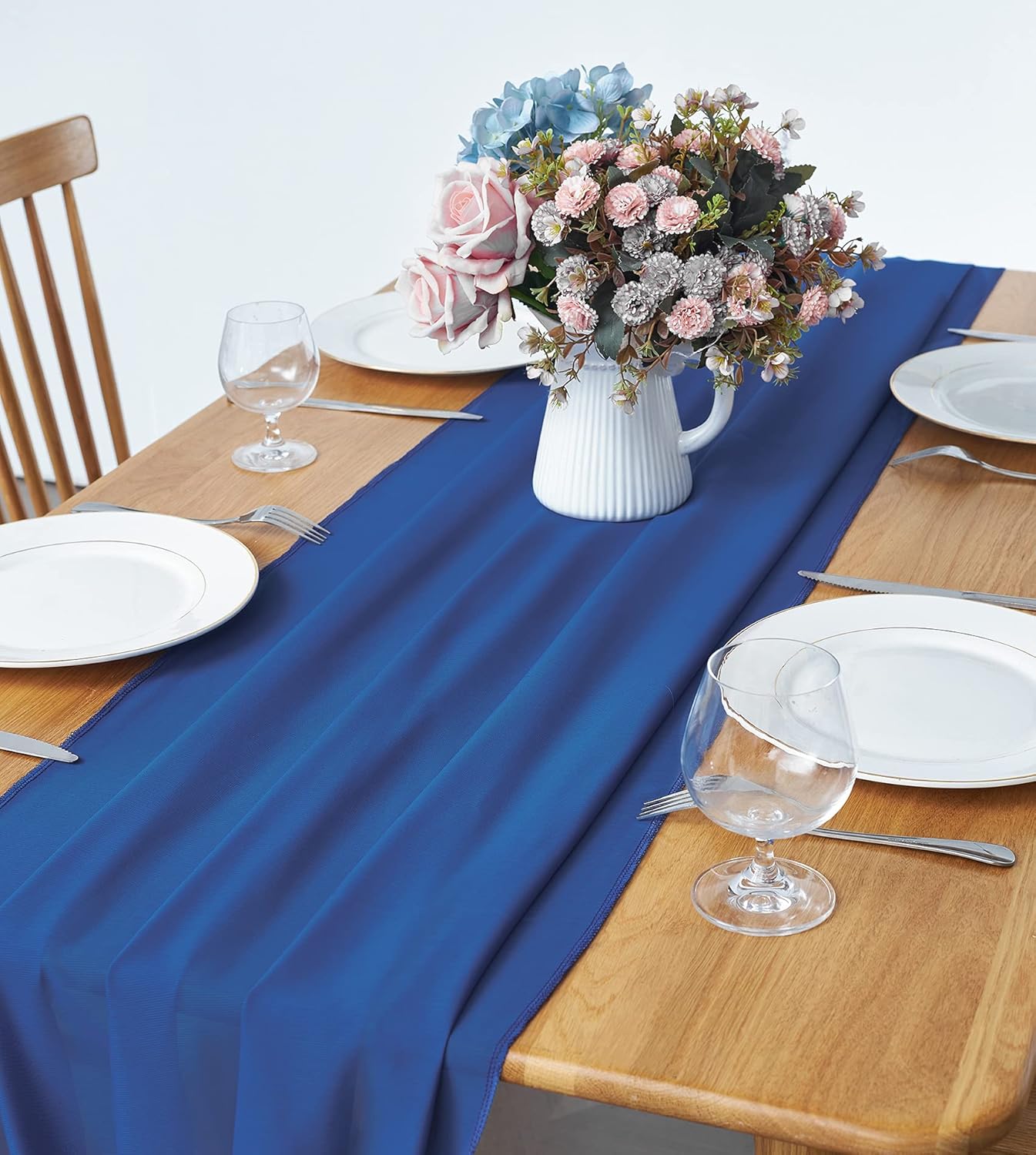 2 Pack 10Ft Royal Blue Chiffon Table Runner Sheer 29x120 Inch for Romantic Wedding Decor Bridal & Baby Shower Birthday Rustic Party Decoration