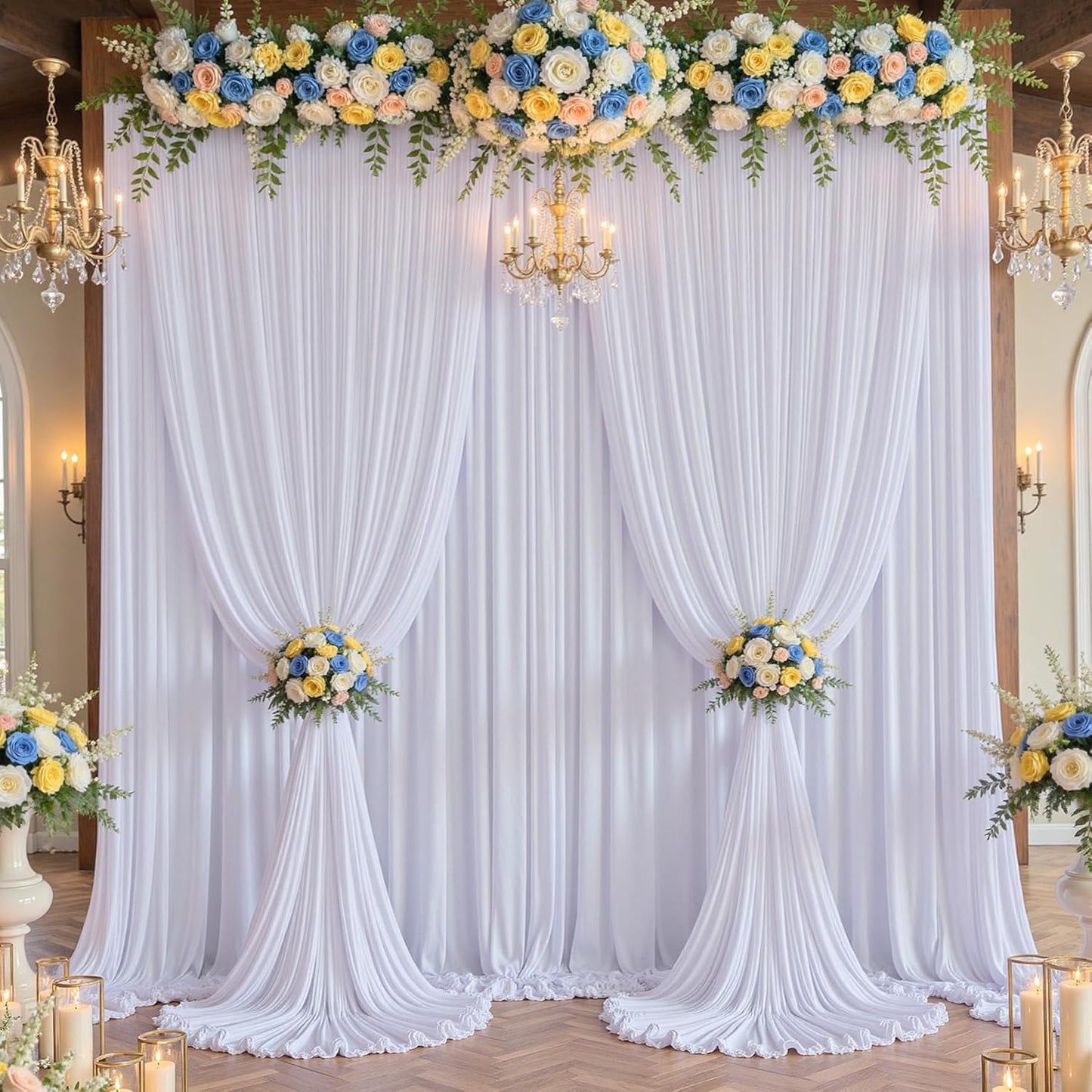 60 x 12ft Wrinkle Free White Backdrop Curtain for Wedding Parties, 12 Panels 5×12ft Long Soft Silky Polyester Photo Backdrop Drapes for Birthday Baby Shower Graduation Photography Background Cloth
