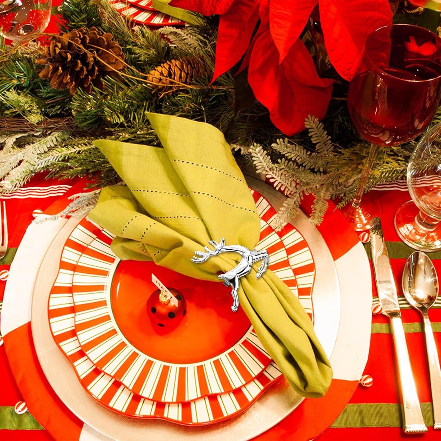 ZeeDix Silver Reindeer Christmas Napkin Rings Set of 6, Napkin Holder Ring for Christmas Dinner Table Decor Cloth Napkins, Wedding Receptions, Holiday Party, Banquet and Home Kitchen