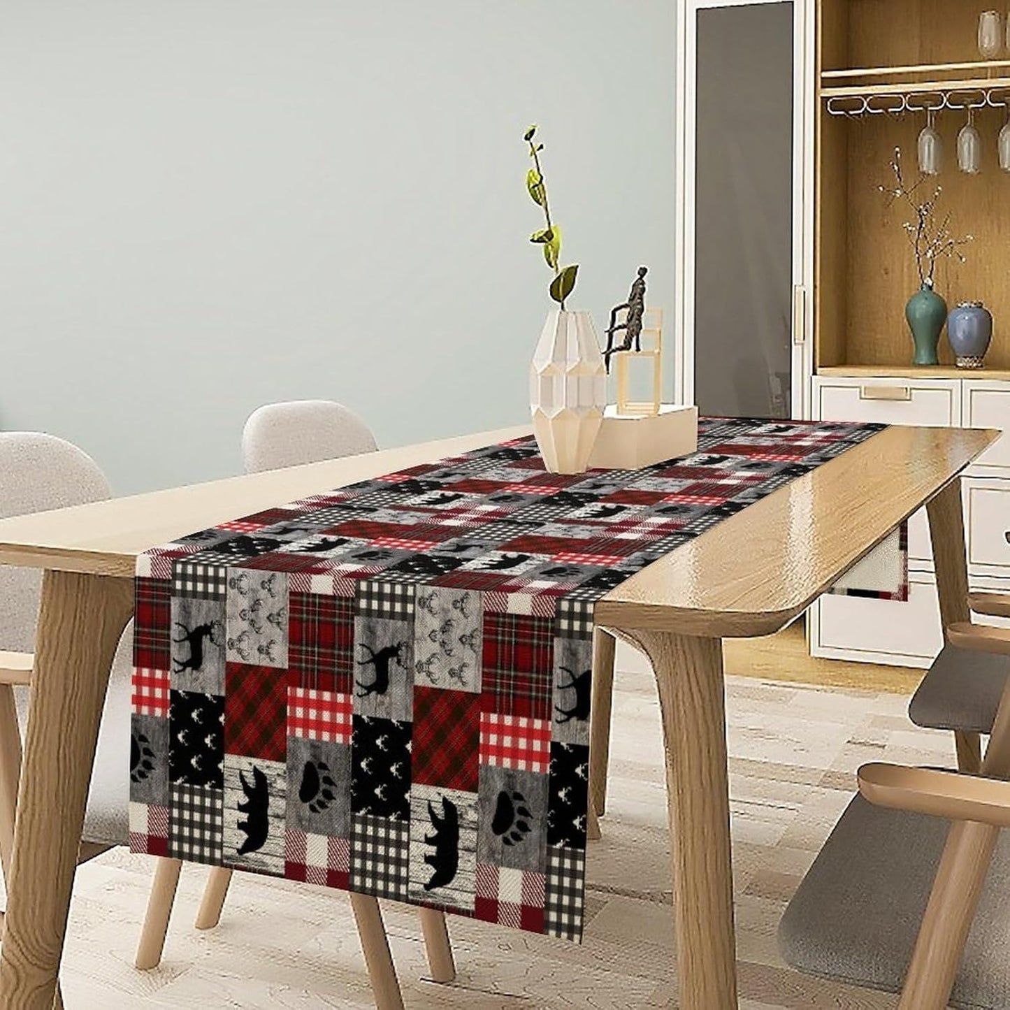 Rustic Farm Table Runner,Vintage Woodland Deer Bear Animal Buffalo Plaid Print Tablecloth Burlap for Hotel Indoors Outdoor Dining Room Kitchen Home Decor,W13X L60 in