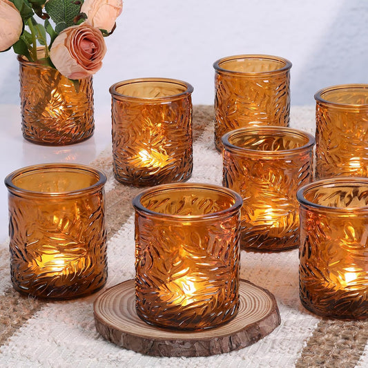 24 pcs Amber Votive Candle Holders, Tea Light Candle Holders for Wedding Centerpieces, Glass Candle Holder for Vintage Home Christmas Decoration Party Supplies
