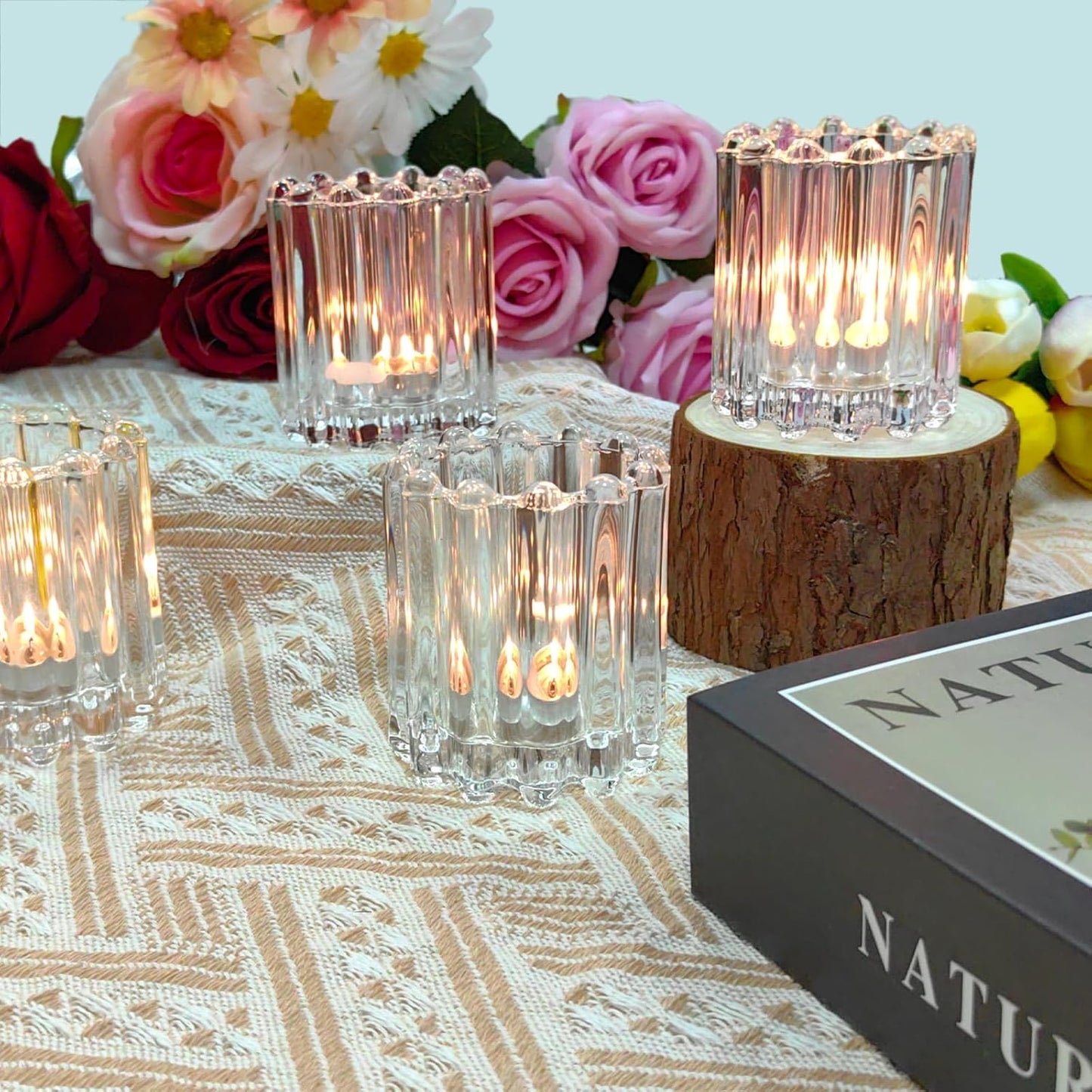 GOLDEAL 6Pcs Clear Glass Votive Candle Holders Tealight Holders Decorative, Tea Candle Holders Bulk,Candlestick for Wedding, Party,Dinner, Home Table Decor.
