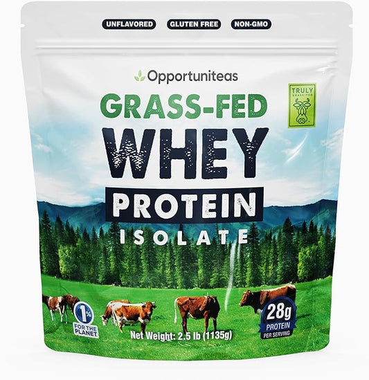Opportuniteas Grass Fed Whey Isolate Protein Powder - Unflavored 28g Protein Powder Without Artificial Sweeteners, Hormone-Free Cows, Non GMO - 2.5lb