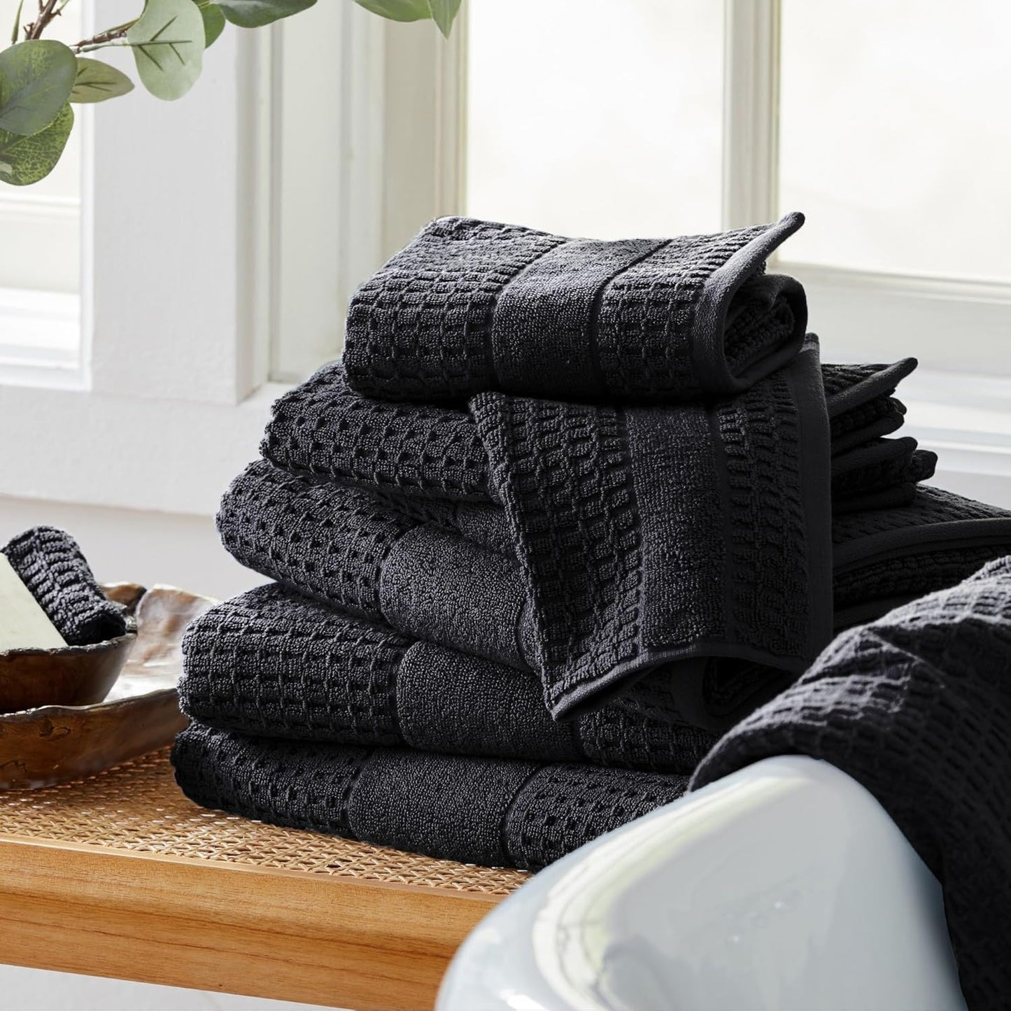 100% Cotton Super Soft Luxury Hand Towel Set | Quick-Dry and Highly Absorbent | Waffle Textured | 550 GSM | Includes 6 Hand Towels | Harper Collection (Black)