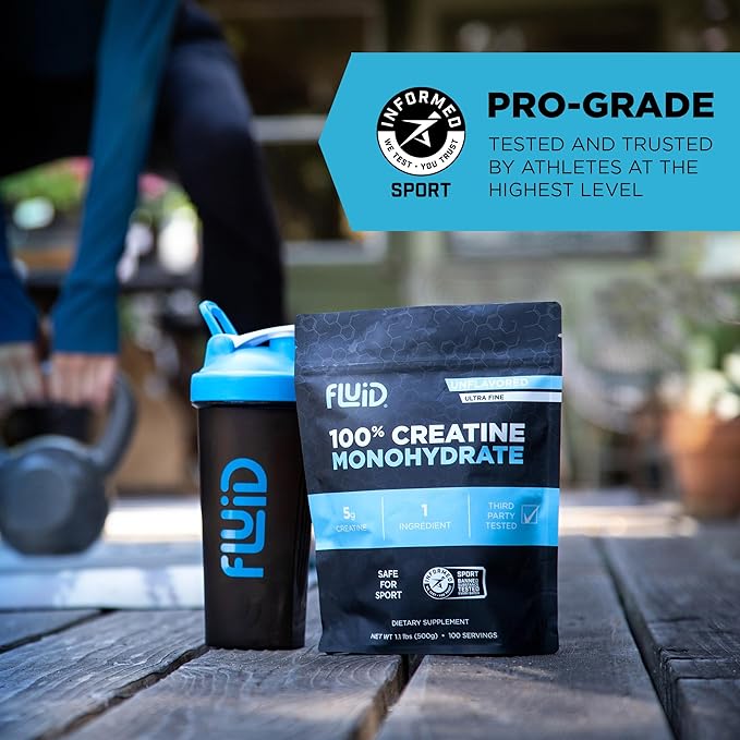 Fluid Creatine - 100% Creatine Monohydrate Powder, Unflavored, Informed Sport Certified, 5g per Serving (100 Servings)