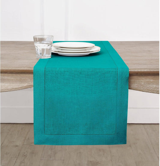 Solino Home Linen Teal Table Runner 156 Inches Long - 100% Pure Linen Extra Long Table Runner 14 x 156 Inch for Fall, Autumn - Classic Hemstitch