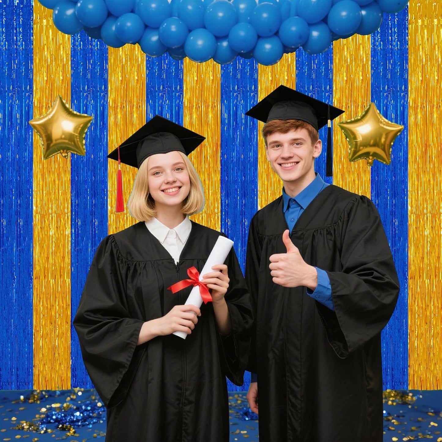 TONIFUL 2Pcs Blue Gold Door Streamers,Green Photo Booth Backdrop,Metallic Streamers Green Foil Fringe Curtains for Birthday,Christmas,New Year,St. Patrick's Day Party Streamers Decor