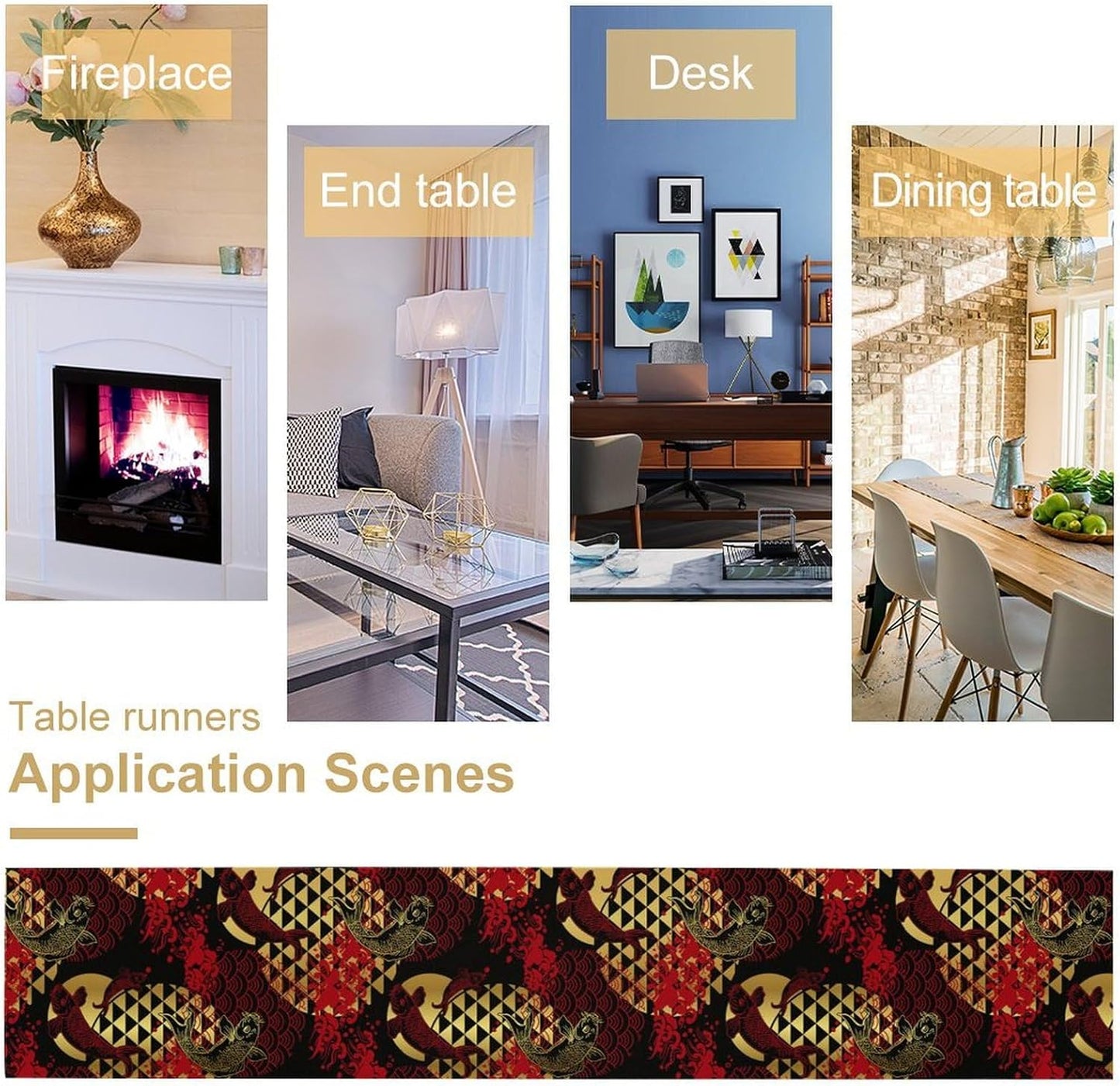 Japanese Table Runner Oriental Tradition Kio Fish Red Art Printed Burlap Runner Home Kitchen Dining Table Living Room Decor Fabric 1 Panel W13xL108in