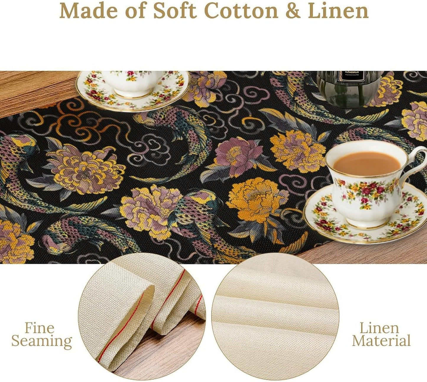 Japanese Table Runner Retro Flowers Oriental Tradition Kio Fish Art Printed Burlap Runner Home Kitchen Dining Table Living Room Decor Fabric 1 Panel W13xL90in