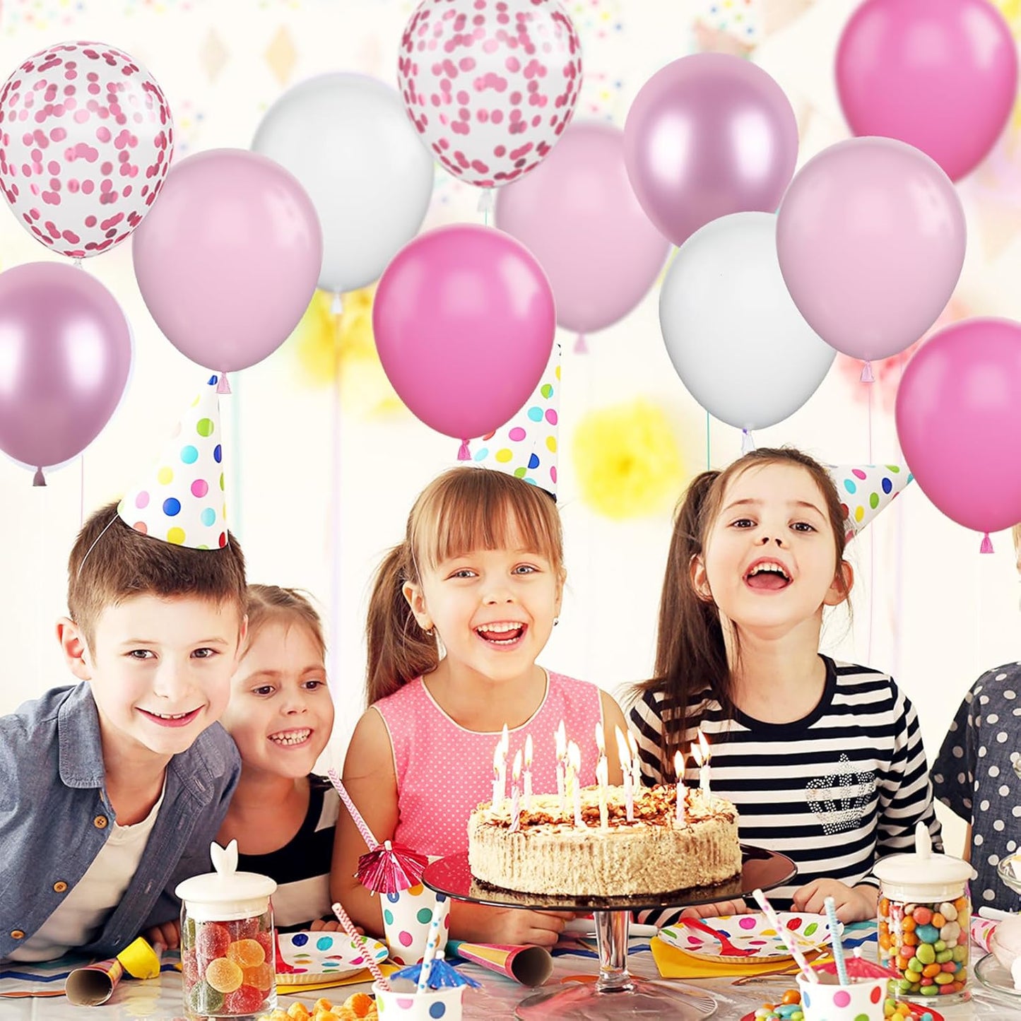 FunHot Funhot Pink Balloons, 60Pcs Pastel Pink Pearl White Latex Balloons, 12 Inch Metallic Pink Confetti Balloons Helium for Girls Princess Birthday Baby Shower Wedding Party Decorations