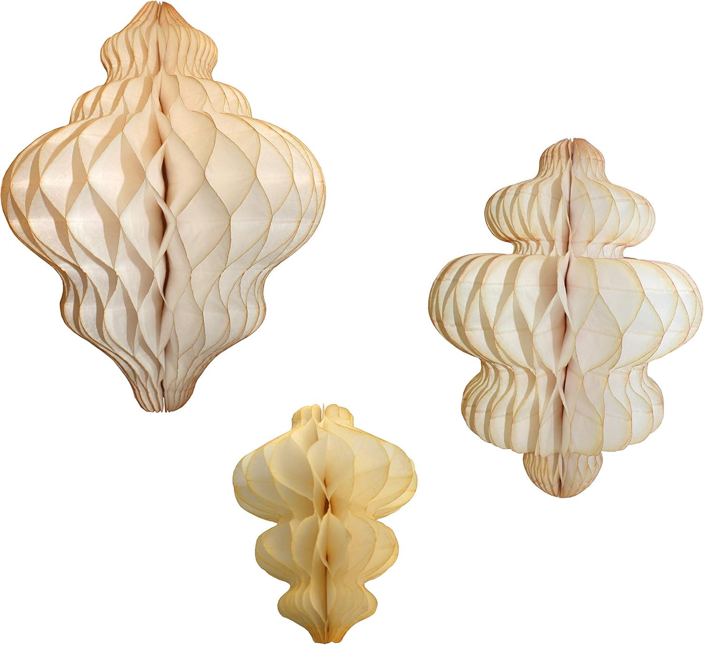 Set of 3 Vintage Ivory Honeycomb Tissue Paper Hanging Ornament Decorations (11 inch, 10 inch, 8 inch)
