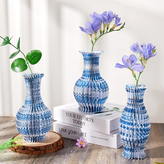 3 Pcs Blue and White Paper Honeycomb Vase, Foldable Decorative Vase with Magnetic Closure, Chinoiserie Décor Vase, Reusable Table Centerpiece for Wedding, Baby Shower, Home Decor