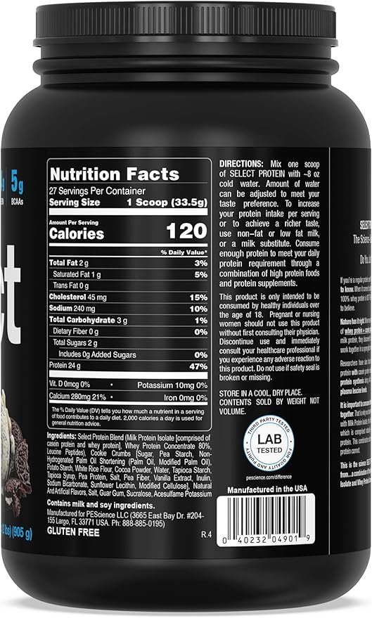 PEScience Select Protein Powder, Whey and Casein Blend, Clean Protein Powder for Women and Men, Low Calorie, Low Carb, Keto Friendly, Gluten Free, Cookies and Cream, 27 Servings