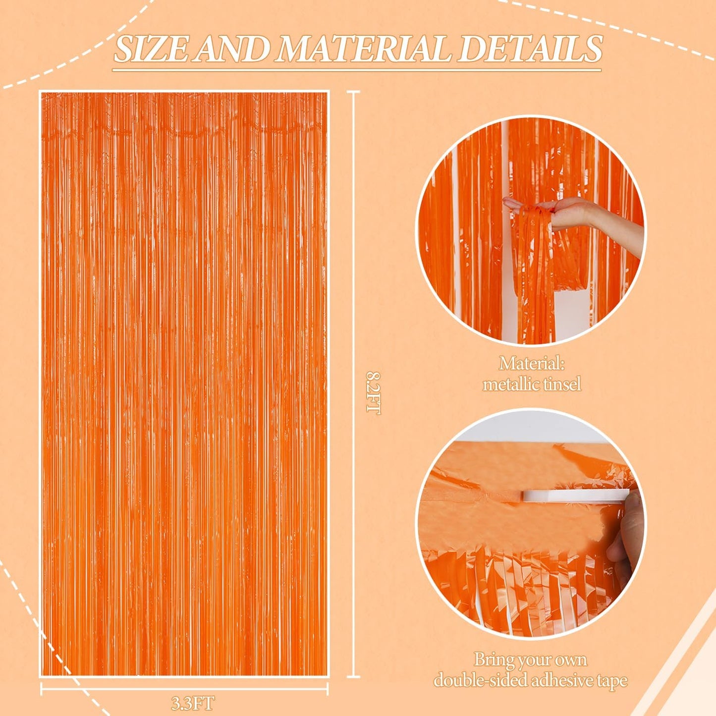 3 Pack Foil Fringe Backdrop - Orange Shiny Tinsel Curtains for Party Decoration/Photo Booth Props - 3.3x8.2 FT Metallic Foil Backdrop for Birthday, Wedding, Graduation, Christmas.