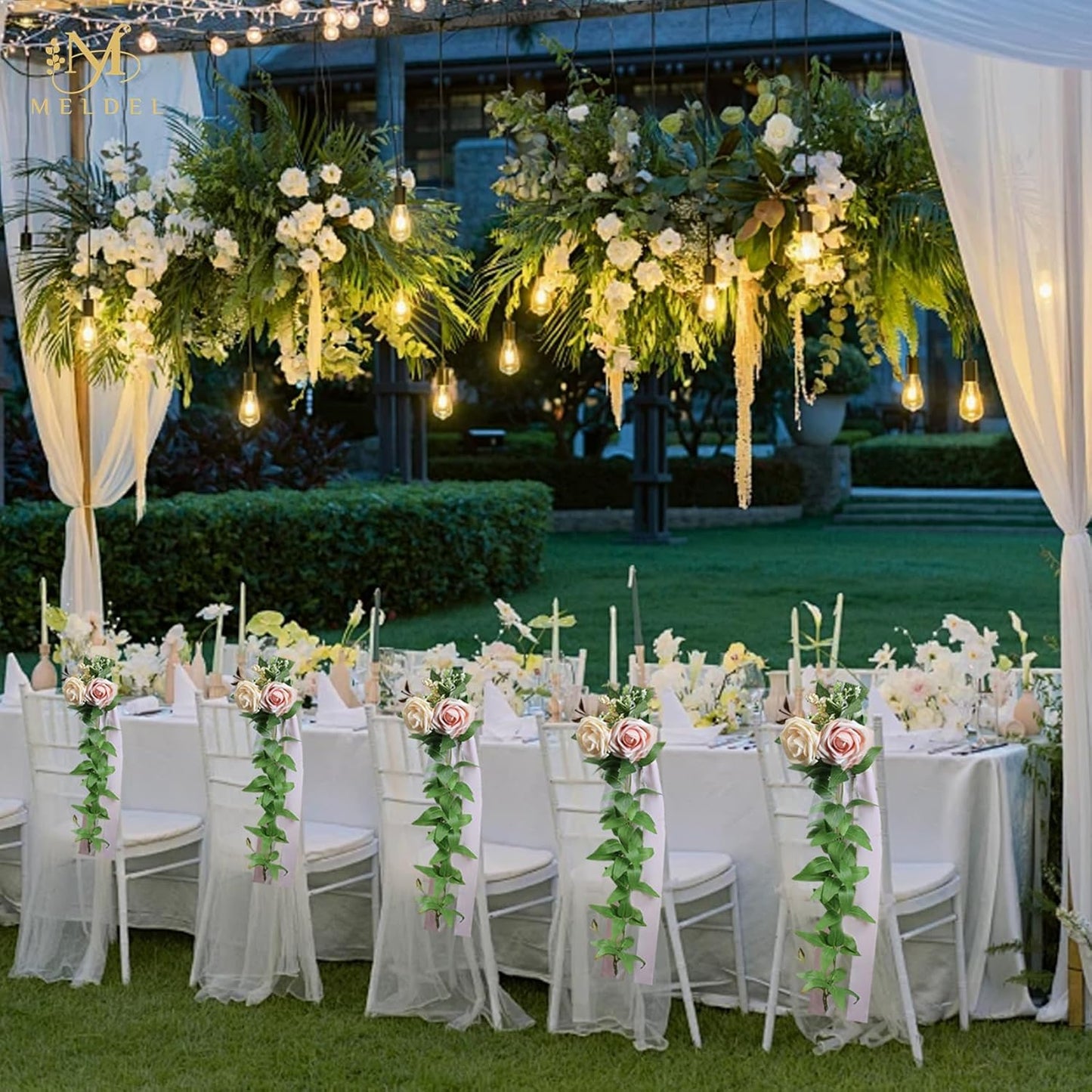 Meldel Wedding Chair Decorations Set of 10 Aisle Artificial Flowers White Pink Rose Garland with Hanging Ribbons for Ceremony Reception Church Pew Arrangement Party Wedding Aisle Decor